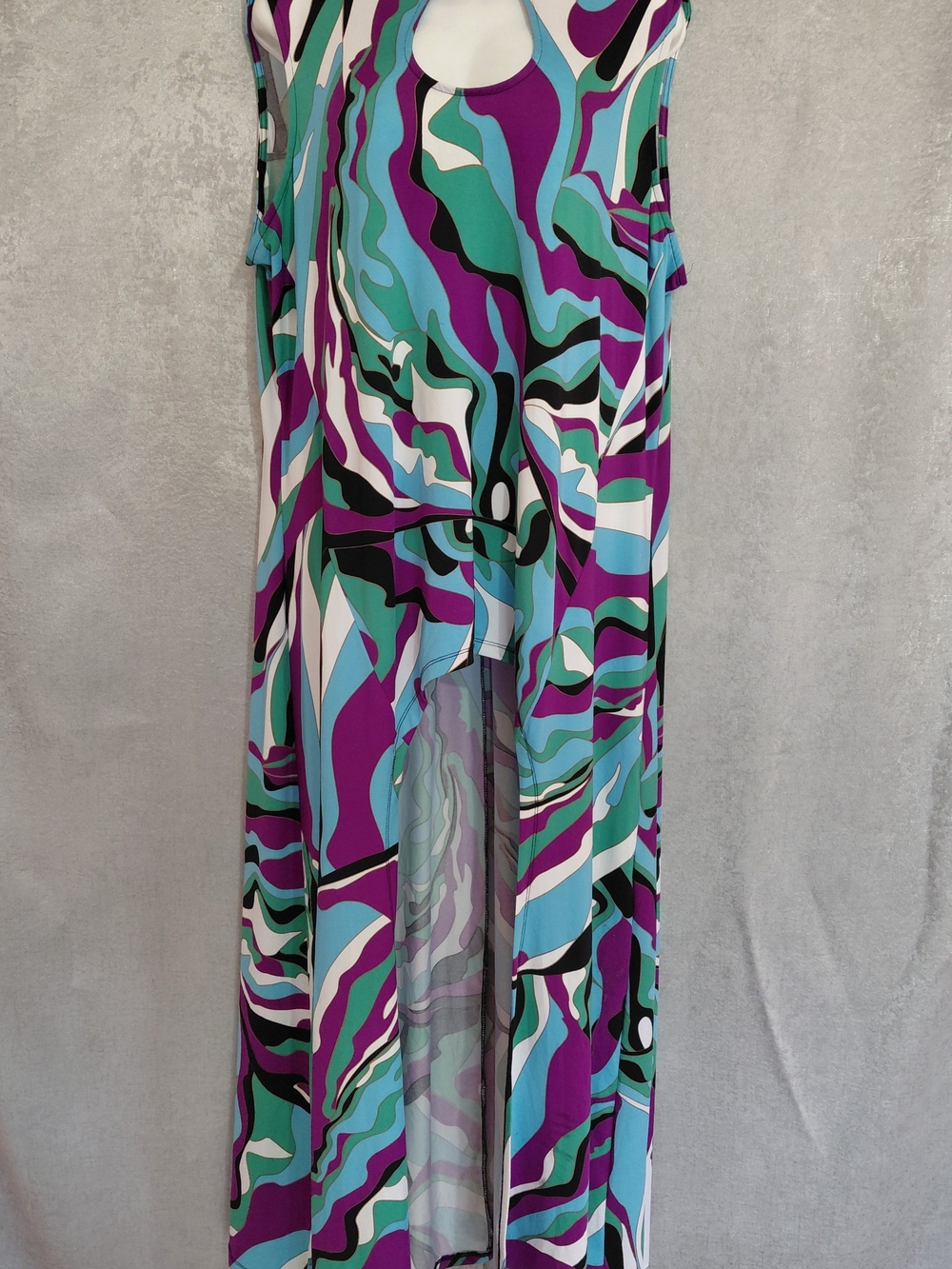 Ashley Stewart Abstract Print High Low Duster Top Keyhole Teal Purple Size 18/20